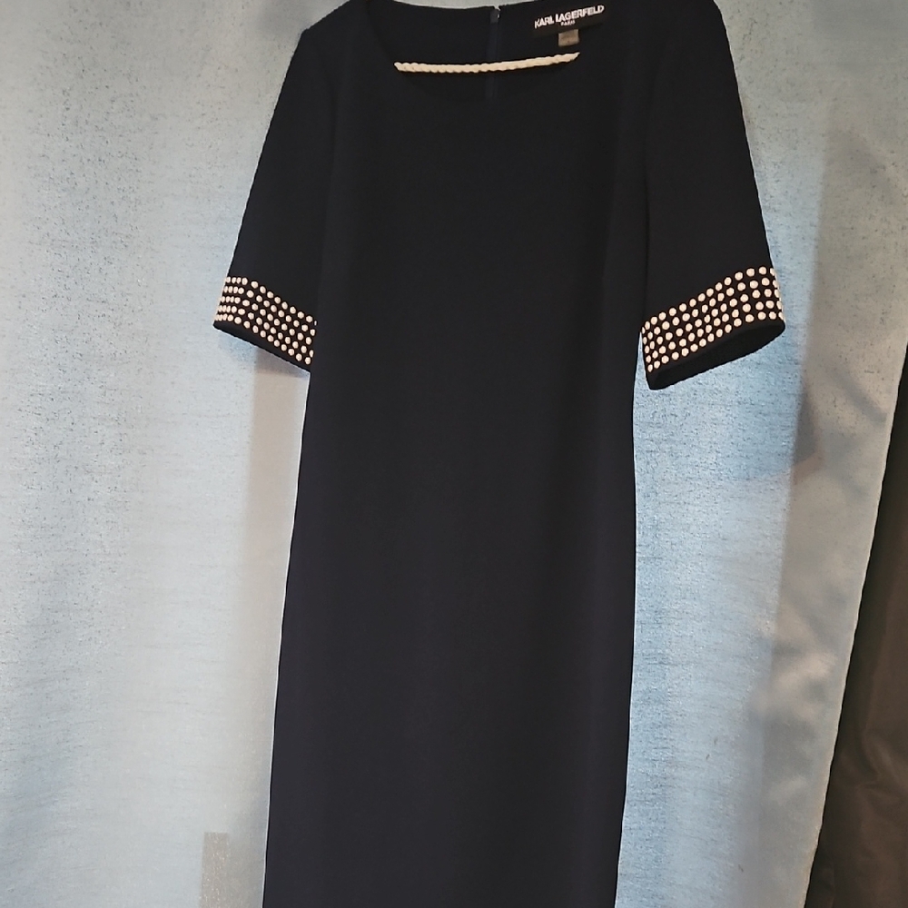 Karl Lagerfeld Navy Dress with Pearl Sleeve Detail